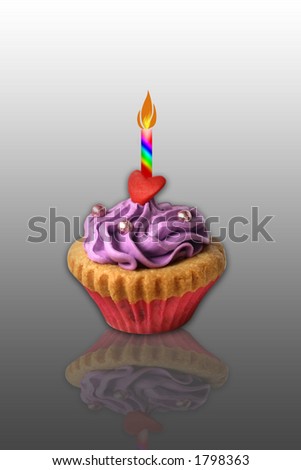 A mini cupcake with butter icing and heartshaped decoration with silver ball sprinkle, isolated on gradient with reflection