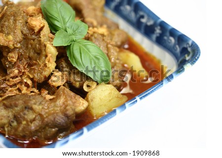 Close up of traditional lamb curry, popular South Indian dish made of lamb, coconut milk with lots of spices. Isolated on white