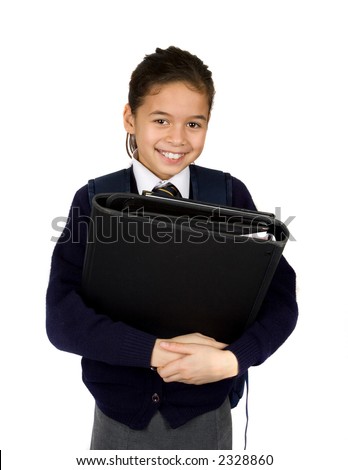 A young schoolgirl carrying a file too big for her. Concept, big hopes for big ambition. Isolated on white.