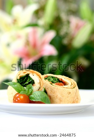 Mozzarella and spinach wrapped in tortilla garnished with cherry tomatoes, served on a white plate.