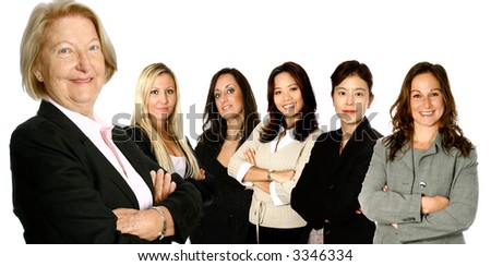 Mature caucasian  leading diverse business team from Japan, Asia and Europe, isolated on white.
