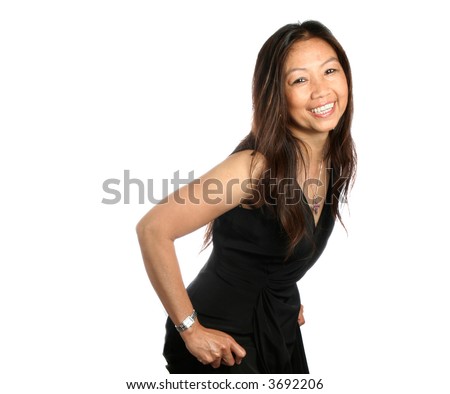 stock photo Beautiful mature Thai Asian female in black dress 