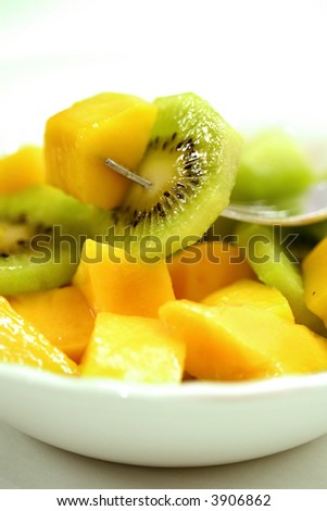Bowl of fresh mango and kiwi
