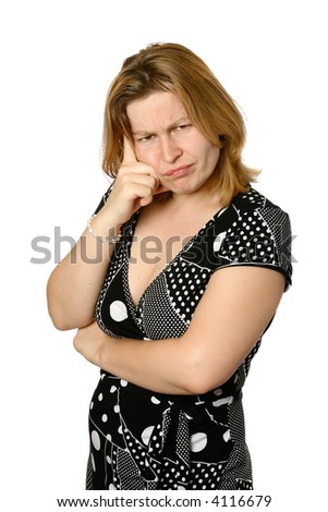Woman in doubt. One finger pointing to the brain in gesture of thinking, facial expression with a frown.
