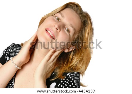 Beautiful caucasian woman with hazel colored eyes, showing off her beautiful neck, isolated.
