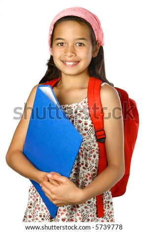 stock photo Young school girl with blue folder and red rucksack 