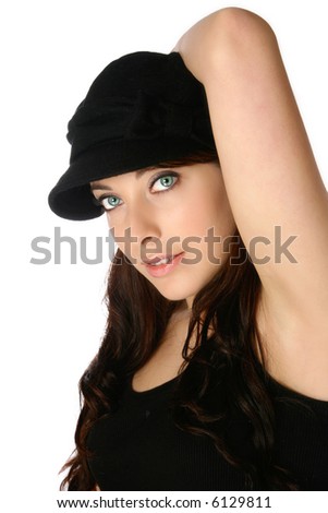 stock photo : Young female model with piercing blue eyes in black top and 