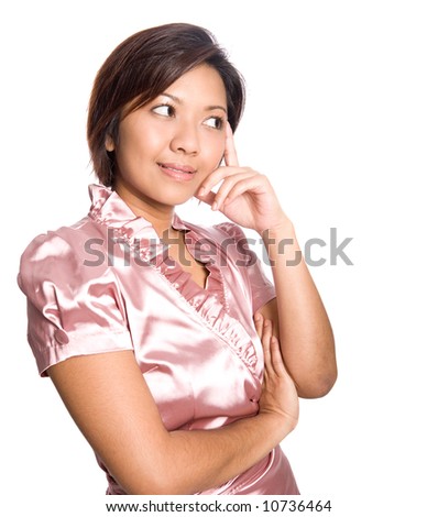 Young Asian female in smart pink blouse, in thinking pose, isolated