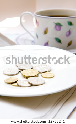 Loose change in white plate next to cup of coffee.