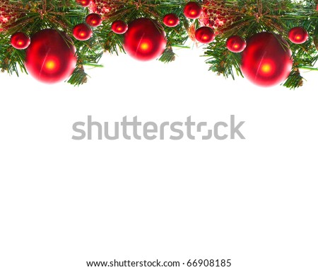 Border Of Red Christmas Garland With Baubles And Ribbons On White