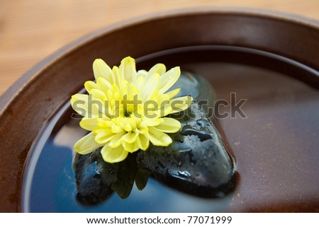 Bowl of water with spa stones and chrysanthemum