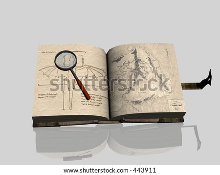 A digital rendering of an old book with magnifying glass.