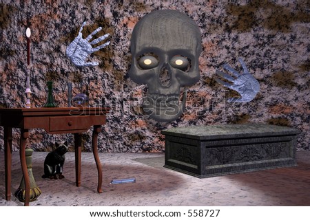 Halloween skull  in a dungeon with black cat under the table.