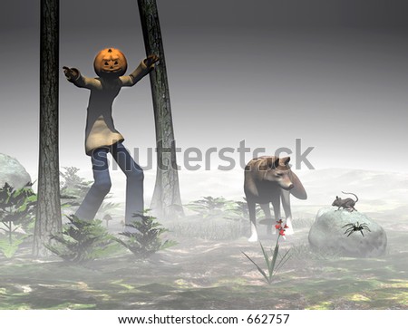 Halloween, pumpkin jack in the forest about to pick a flower. Some of his friends with him, the wolf, mouse and spider.