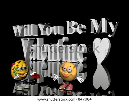stock photo : Emoticon guy offering flowers and chocolates to a emoticon  girl for  valentine, 3D illustration, render with internet celebrities over black. Good for background, postcard or wallpaper purpose.