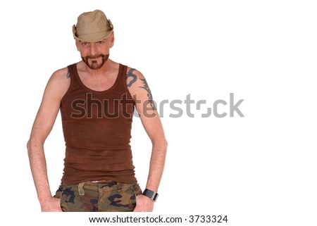  aged man with tattoo and hat, 