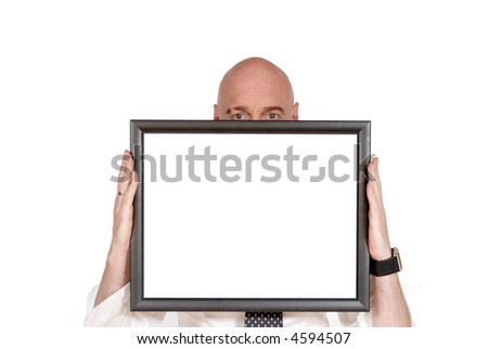 Attractive successful   middle aged businessman with advertising board, Business, corporate, concept. copy space