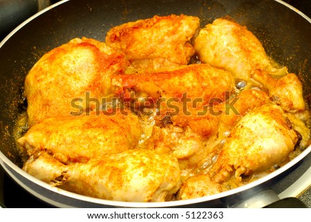 Dinner time, cooking, fried chicken legs. Food nutrition concept.