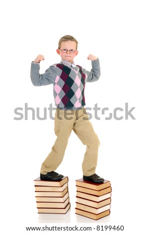 Young boy on stack of books, showing the power of education, knowledge. white background.