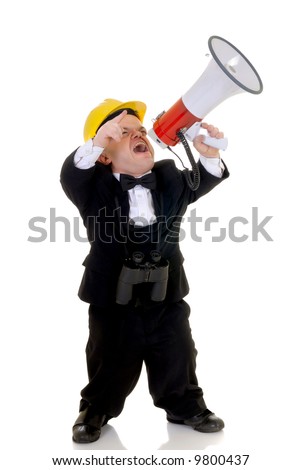Little man, dwarf construction supervisor with megaphone, giving orders, studio shot, white background