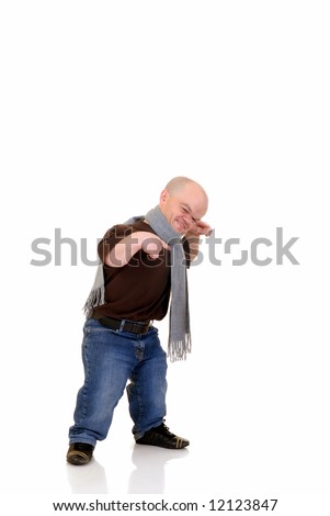 Little man, dwarf in leisure clothing, studio shot, white background, copy space