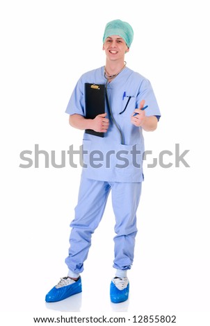 Male nurse, checking patient data, white background,  studio shot, reflective surface.