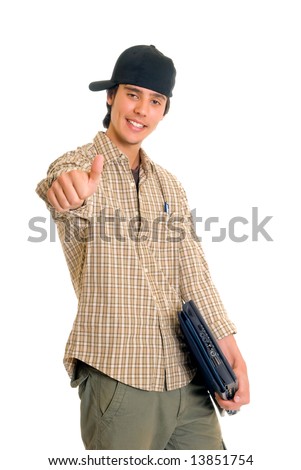 Handsome teenager boy student with laptop, casual dressed,  Studio shot, white background