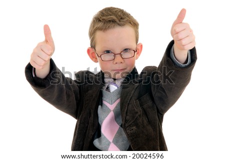 Handsome successful young successful  child making okay gesture, white background,  studio shot.