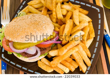 Hamburger with salad, pickle, onions, tomato and French fries.  Studio shot.