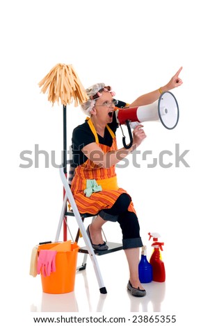Housewife, woman attending to daily household.  Ladder with household, housekeeping  products.