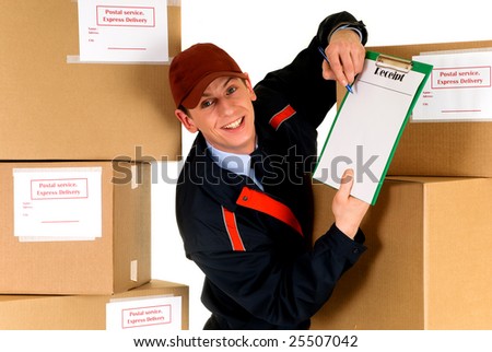 handsome postman making a delivery, post package. Studio, white background.
