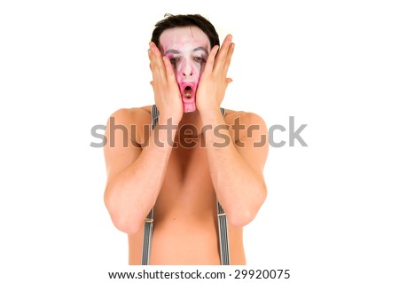 sad clown makeup. stock photo : Sad male clown showing emotion of pain and sorrow,