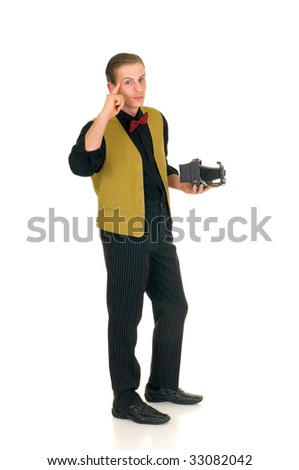Young news reporter, retro vintage style with antique camera, white background