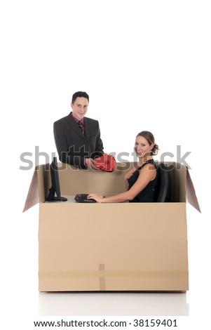 Young couple having a love chat session, chat box, cardboard box representing chat room.  Studio, white background