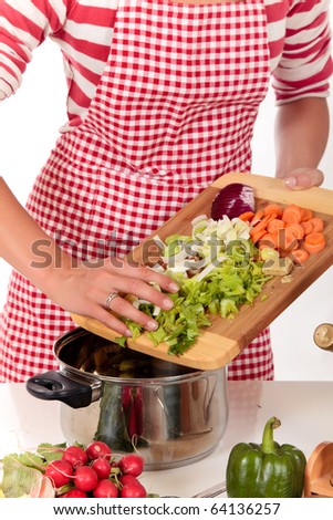 Attractive Young woman working in kitchen, preparing soup.    Studio, white background.