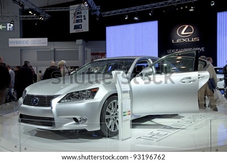 BRUSSELS, BELGIUM - JANUARY 12: Annual autosalon brussel 2012 auto motor show in Heysel expo hall. Lexus Hybrid RX450h concept car on display. January 12, 2012 in Brussels,  Belgium