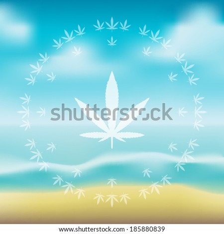 Marijuana leaves mandala over a blurred summer tropical beach landscape vector illustration