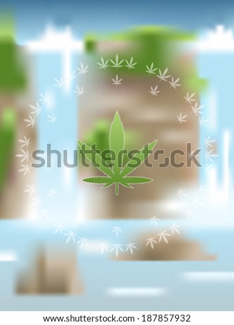 Marijuana leaves mandala over a blurred summer tropical waterfall landscape vector illustration