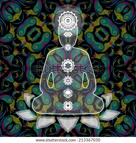Meditating Buddha with seven chakras inside the silhouette over abstract background vector illustration Meditating Buddha with seven chakras inside the silhouette over abstract background vector illustration