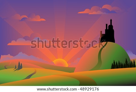 Purple sunset castle landscape vector illustration