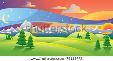 Scenic sunset landscape vector illustration