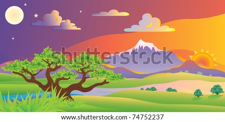Scenic summer sunset landscape vector illustration