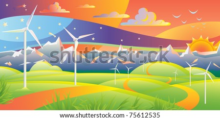 Wind turbines farm summer sunset landscape