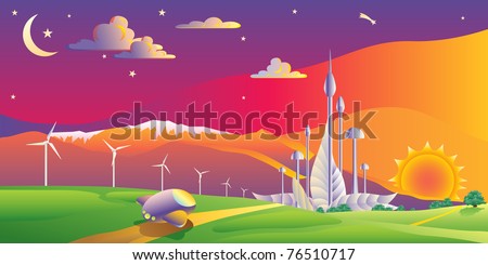 Wind turbines farm with a futuristic city on the background on a summer sunset landscape