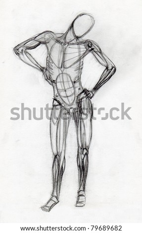 Human muscle figure traditional pencil drawing