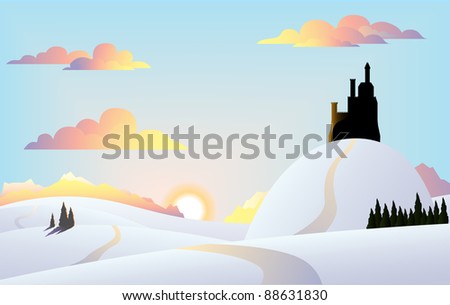 Scenic winter sunset landscape vector illustration