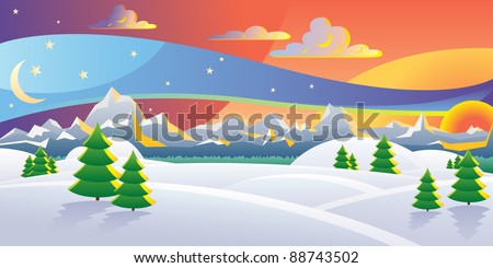 Scenic winter sunset landscape vector illustration