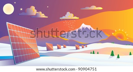 Solar panels winter sunset landscape vector illustration