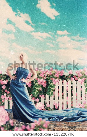 art collage with beautiful woman in garden, art collage