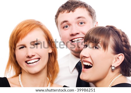 happy workers laughing and smiling in company party (isolated)
